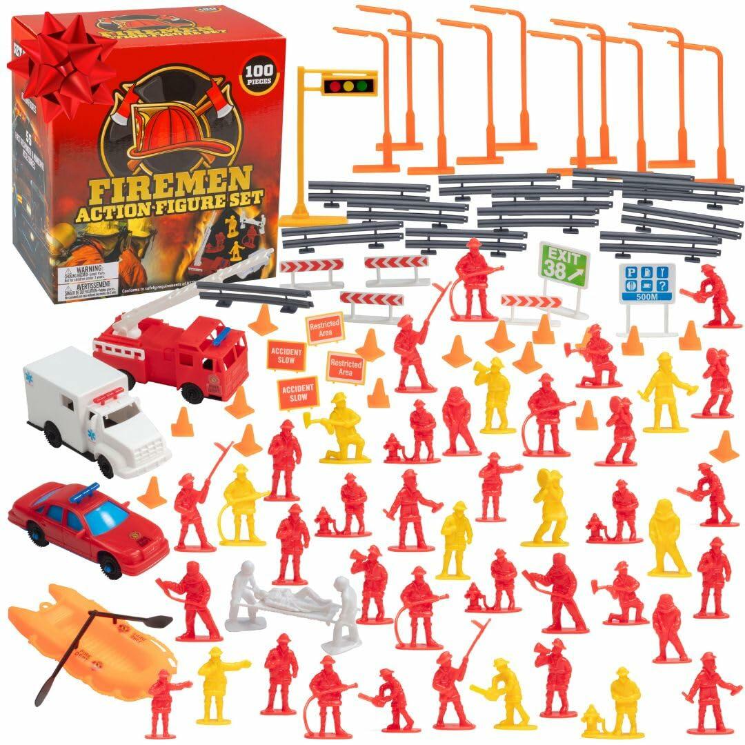 SCS Direct Firefighter Action Figure Playset 100pc Red Rescue Vehicles