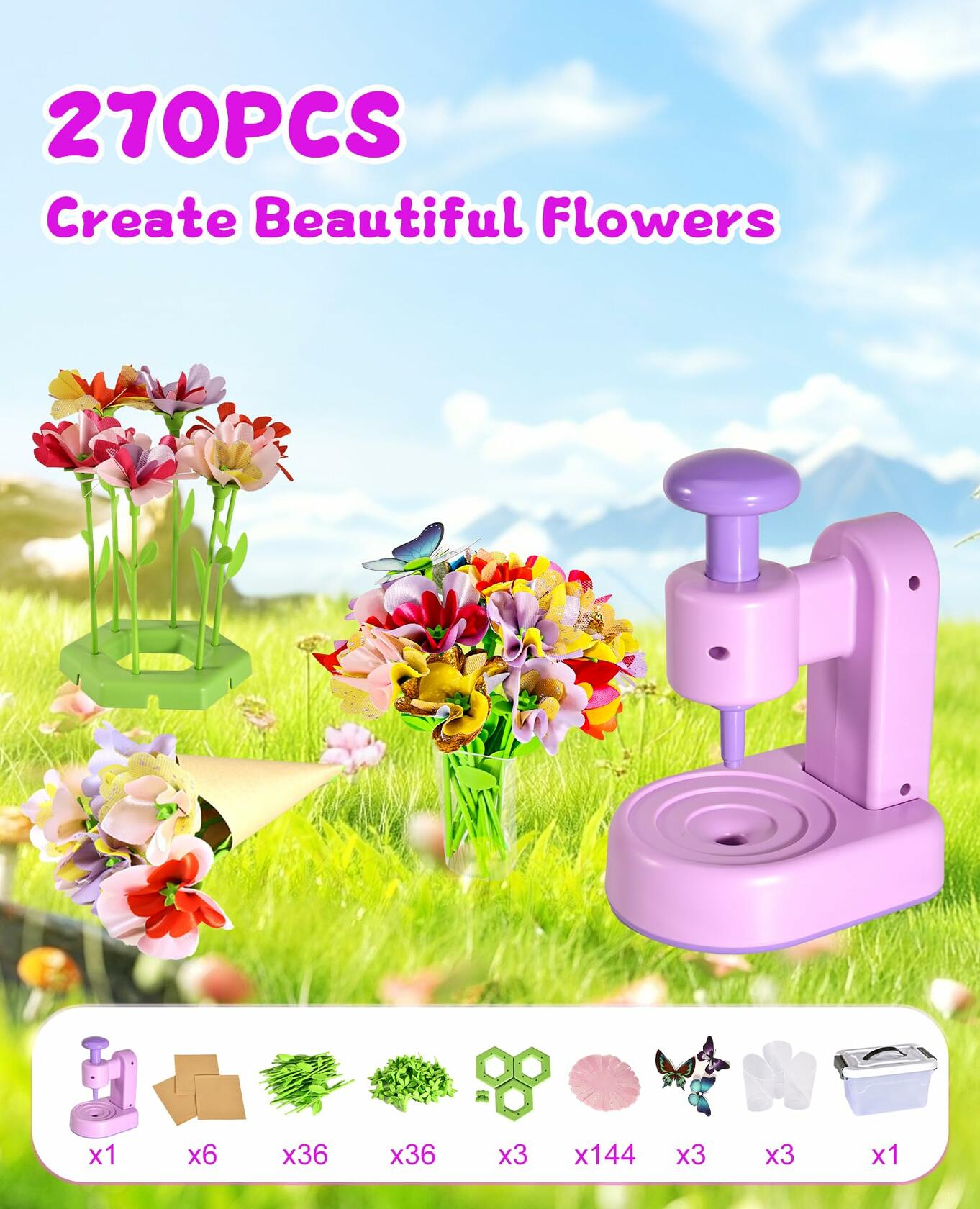 Maylatte Fabric Flower Bouquets DIY Craft Kit for Girls Ages 4-8 with Box