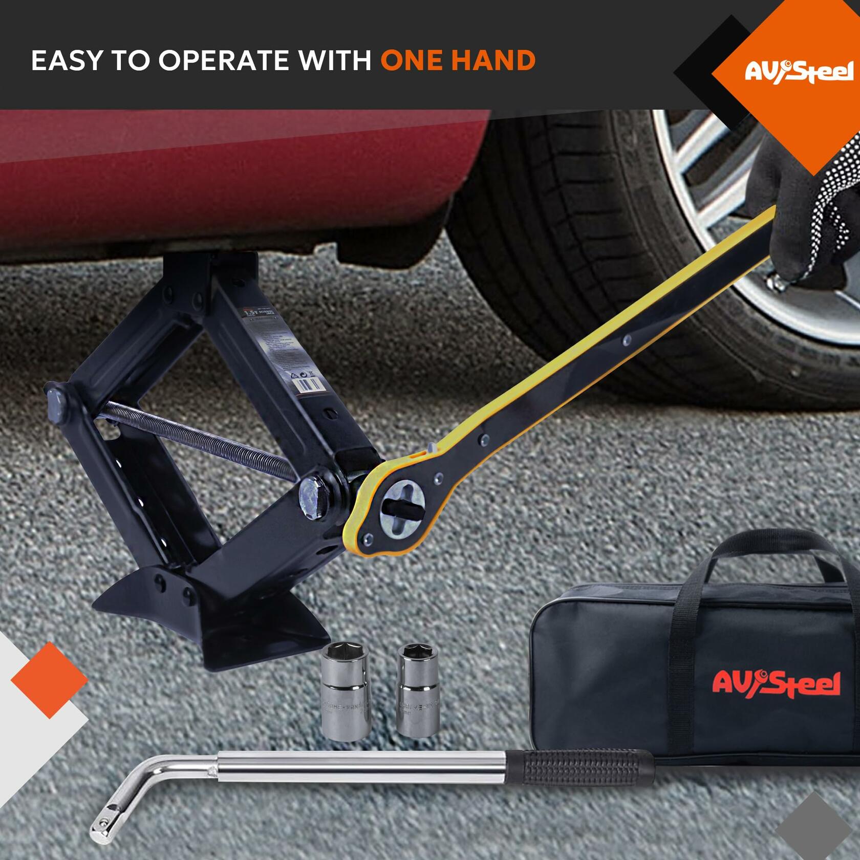 AV Steel 1.5 Ton Car Scissor Jack Kit Black Matte Alloy Steel Portable Lift