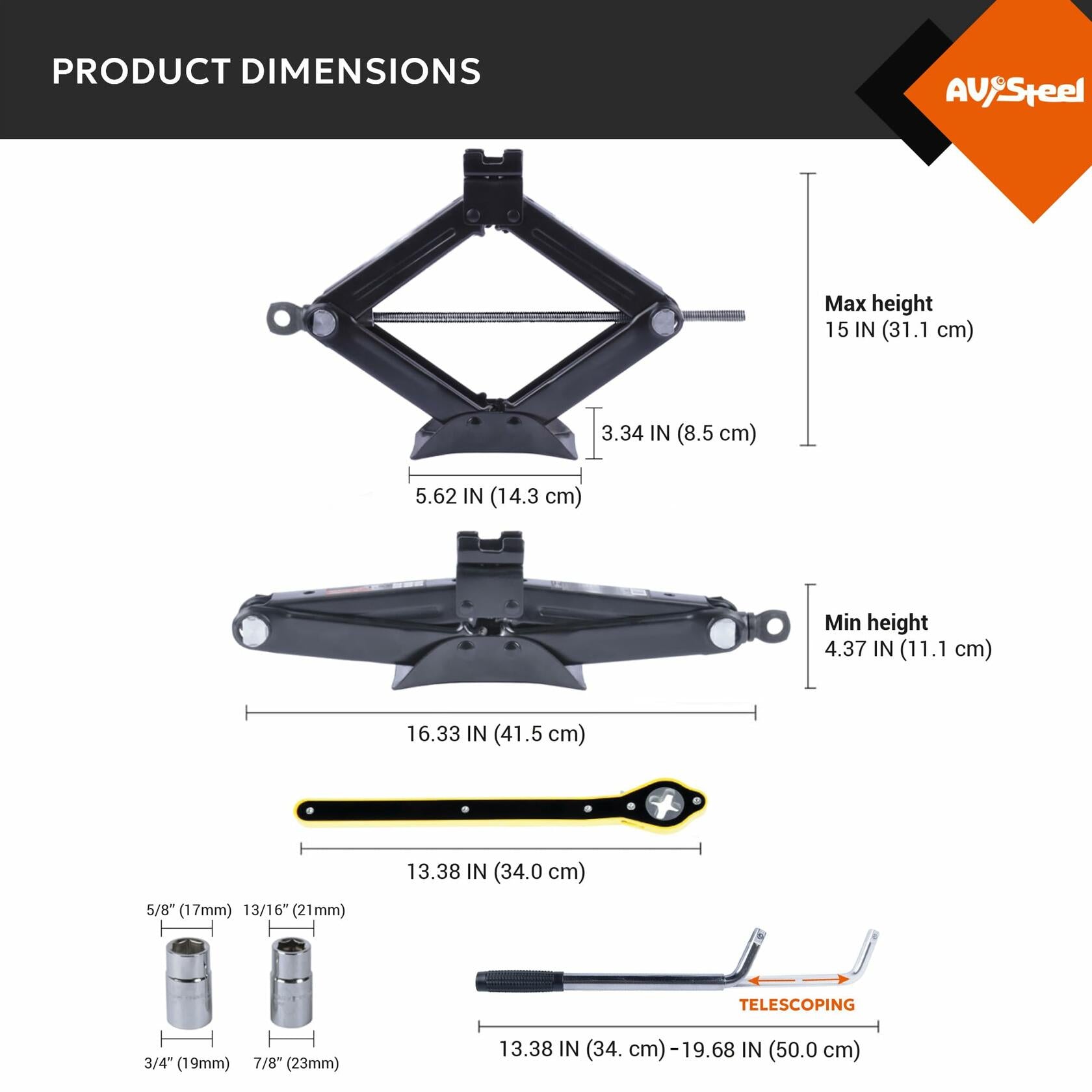 AV Steel 1.5 Ton Car Scissor Jack Kit Black Matte Alloy Steel Portable Lift