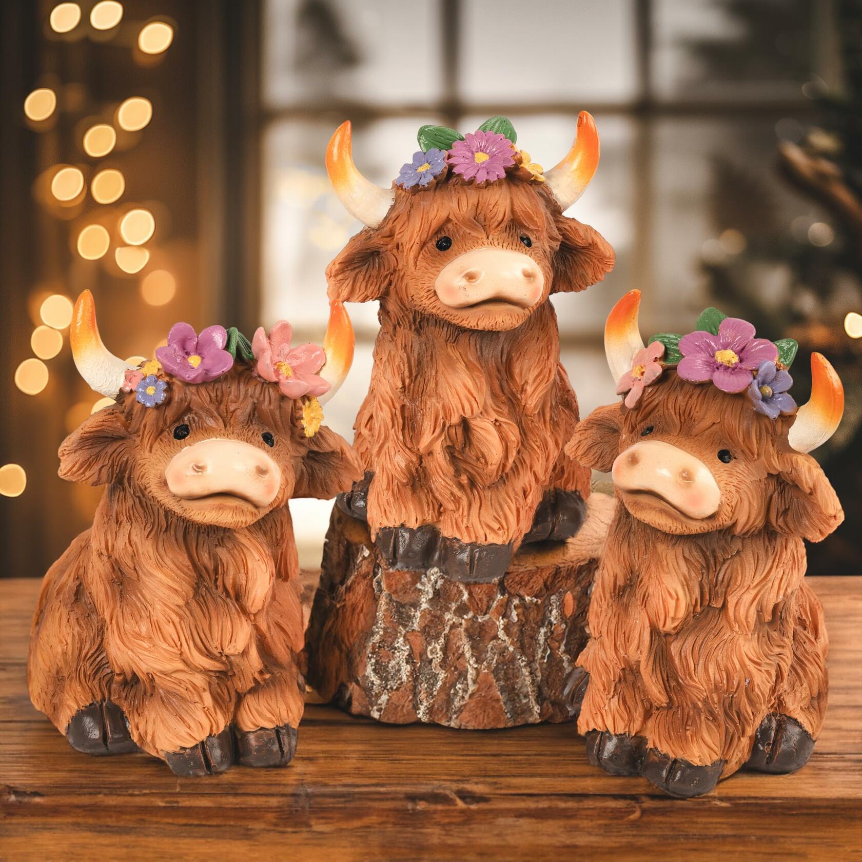 NEROSUN Highland Cow Figurines Set of 3 Brown Resin Scottish Decor