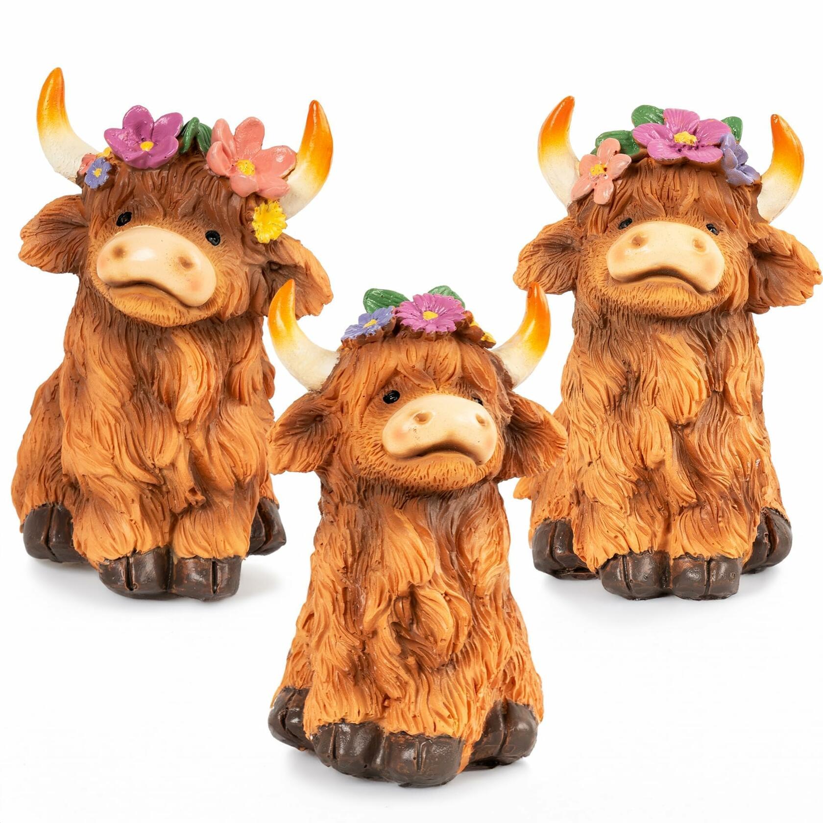 NEROSUN Highland Cow Figurines Set of 3 Brown Resin Scottish Decor