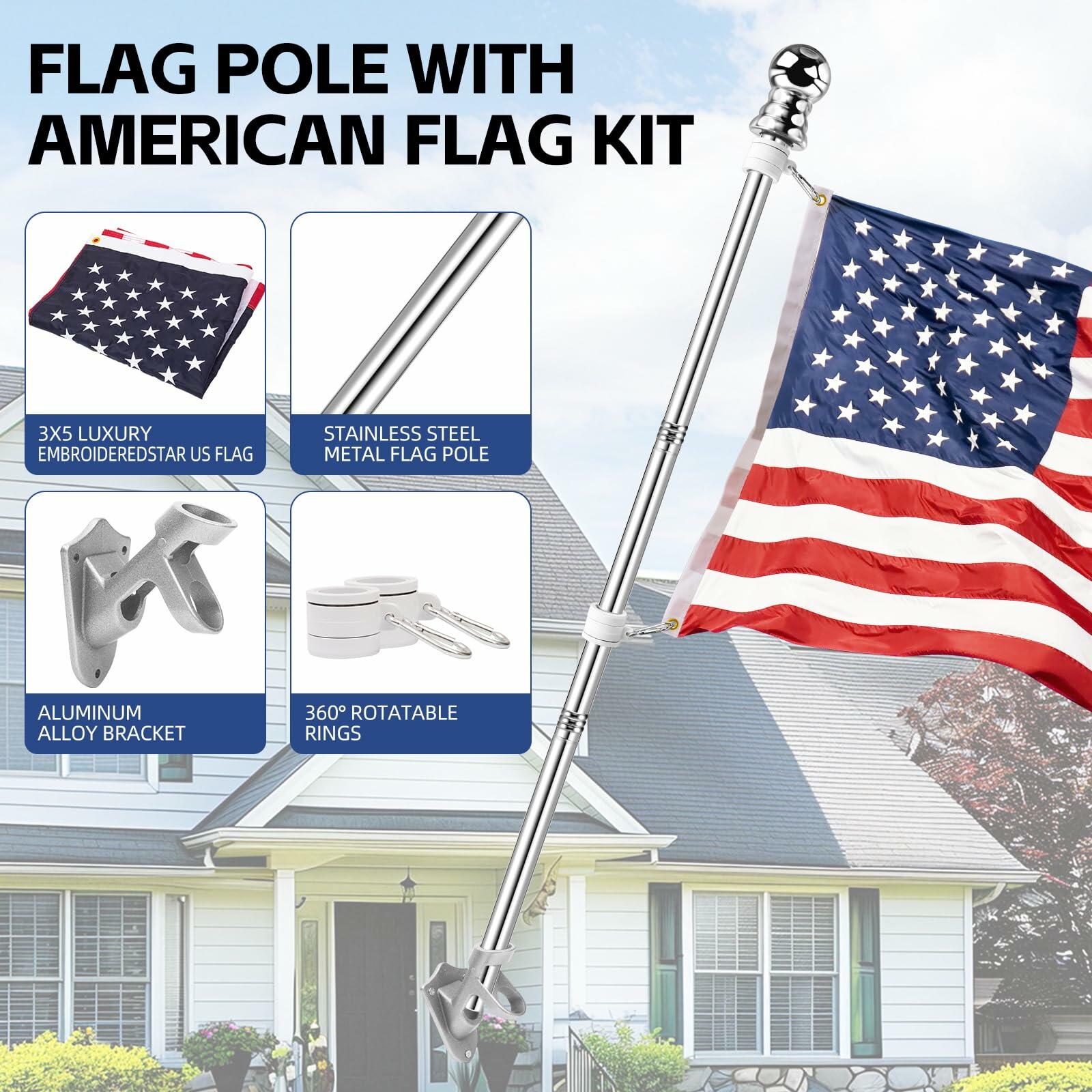 ZNNOPAX 3x5ft American Flag Pole Kit 5ft Stainless Steel Silver