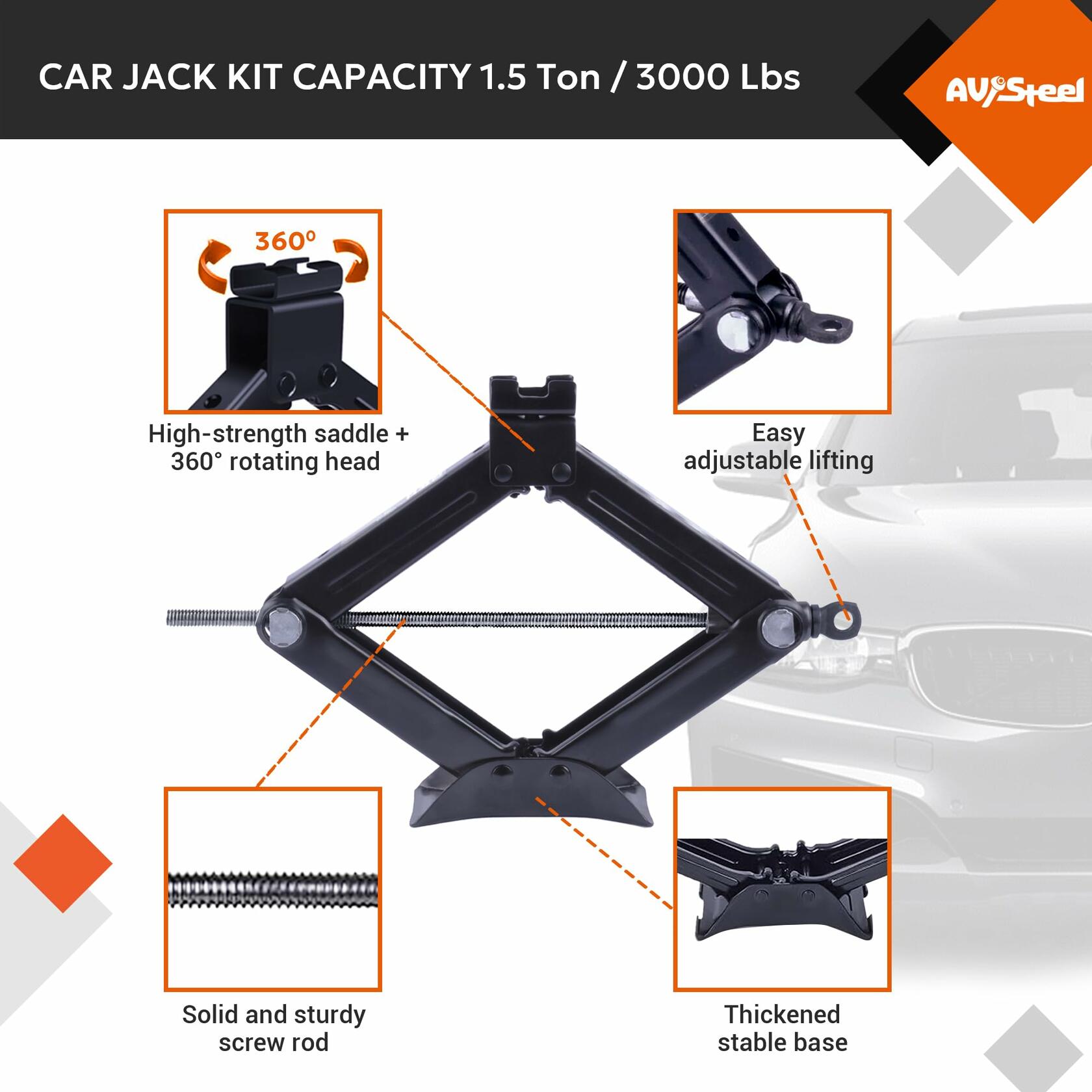 AV Steel 1.5 Ton Car Scissor Jack Kit Black Matte Alloy Steel Portable Lift