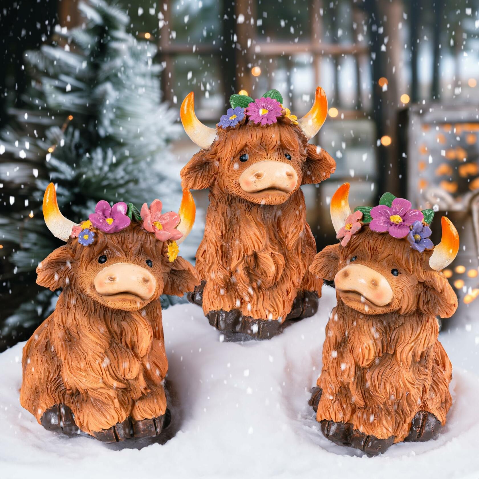 NEROSUN Highland Cow Figurines Set of 3 Brown Resin Scottish Decor