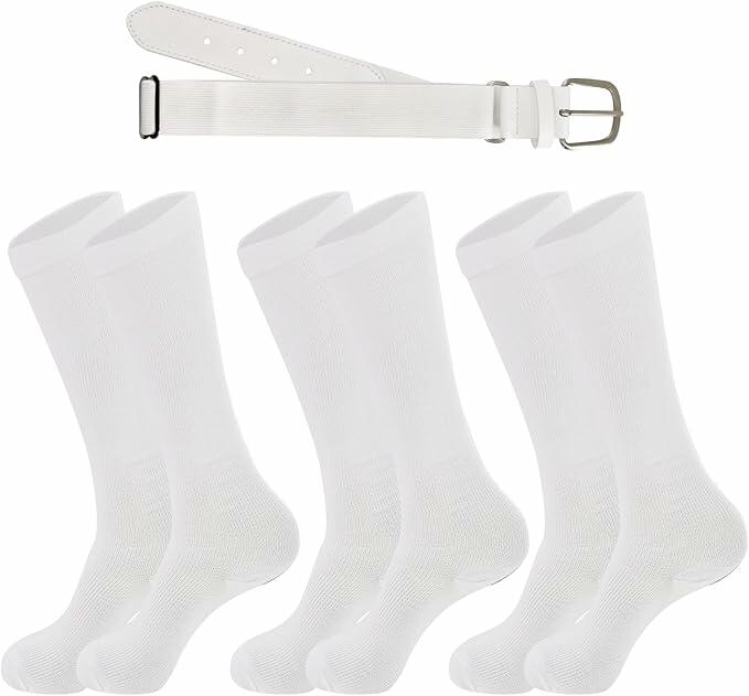 cs runsenisocks Men's Baseball Softball Socks & Belt Set White 3 Pairs Size L