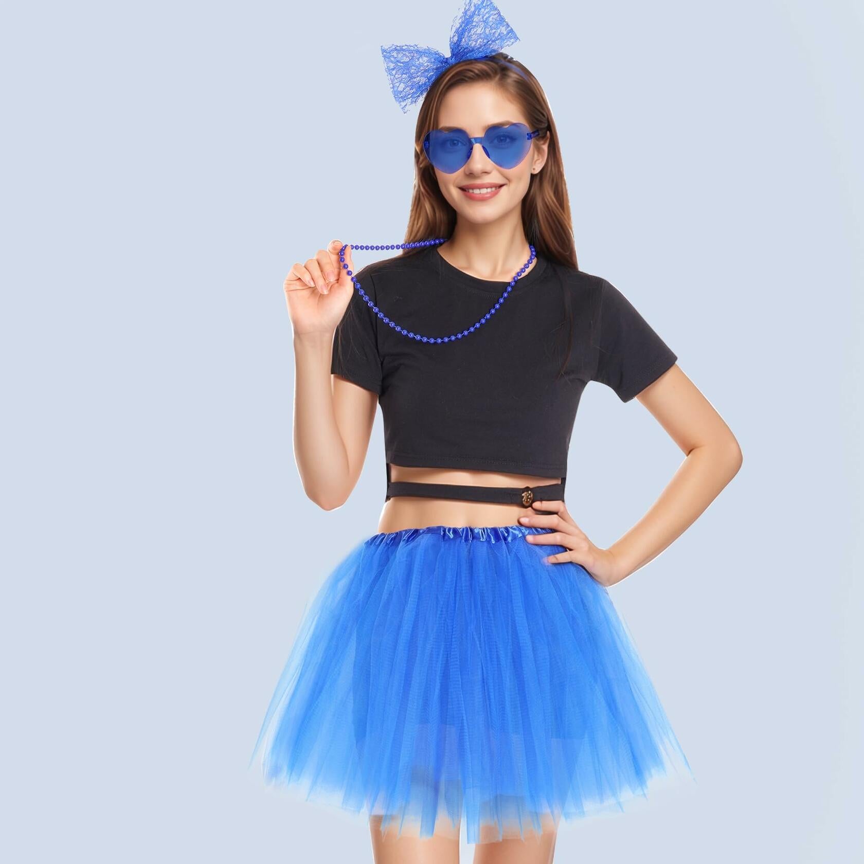Rthjsfj Tulle Tutu Skirt Pink with Bow Headband Beads Necklace Sunglasses
