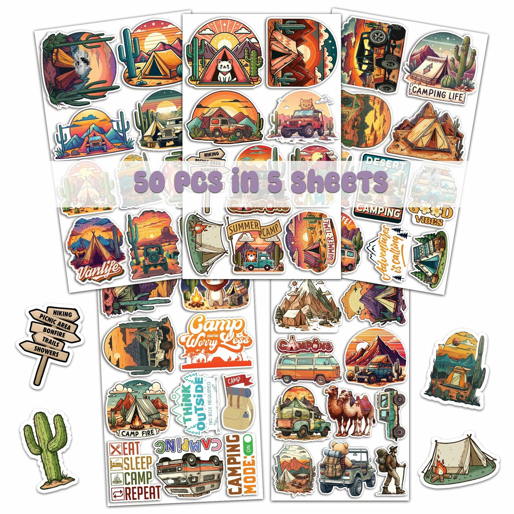 BIGZORO Desert Camping Stickers Camel Cactus Waterproof Vinyl Pack 50