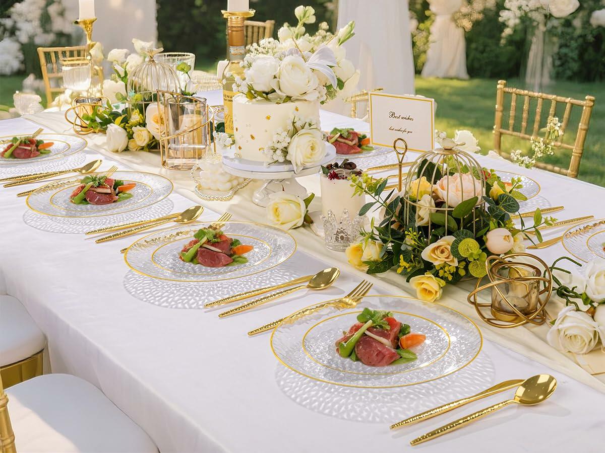 Rubtlamp 60Pcs Clear Plastic Plates Gold Rim Heavy-duty 30 Dessert 30 Dinner