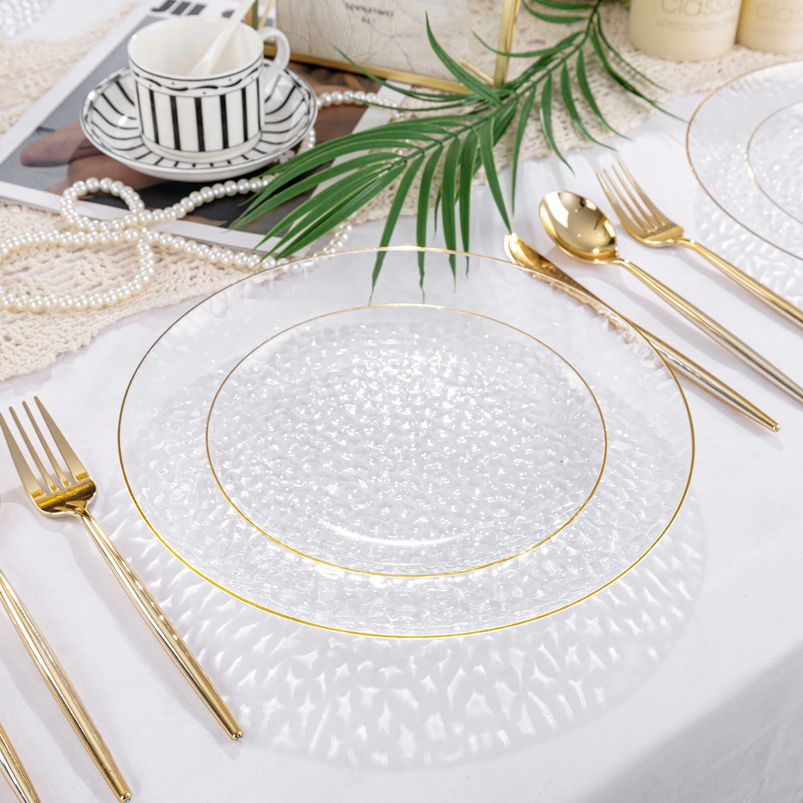 Rubtlamp 60Pcs Clear Plastic Plates Gold Rim Heavy-duty 30 Dessert 30 Dinner