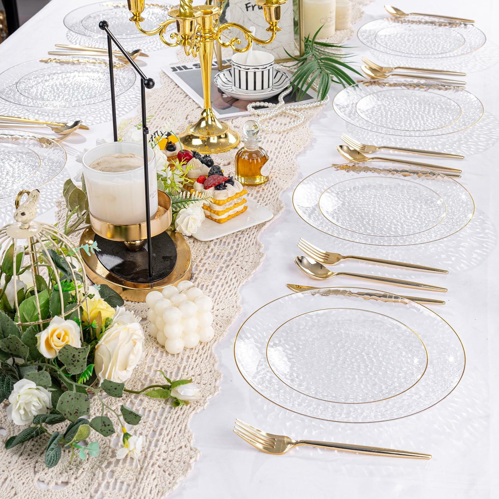 Rubtlamp 60Pcs Clear Plastic Plates Gold Rim Heavy-duty 30 Dessert 30 Dinner