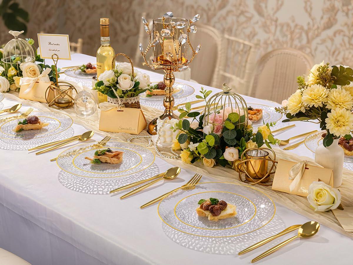 Rubtlamp 60Pcs Clear Plastic Plates Gold Rim Heavy-duty 30 Dessert 30 Dinner