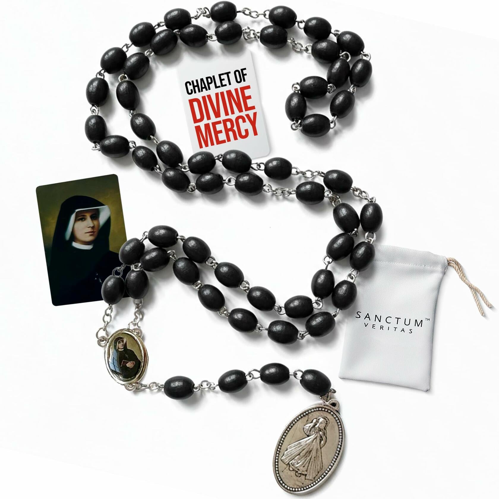 St Faustina Relic Chaplet Divine Mercy Rosary Black w/ Miraculous Medal