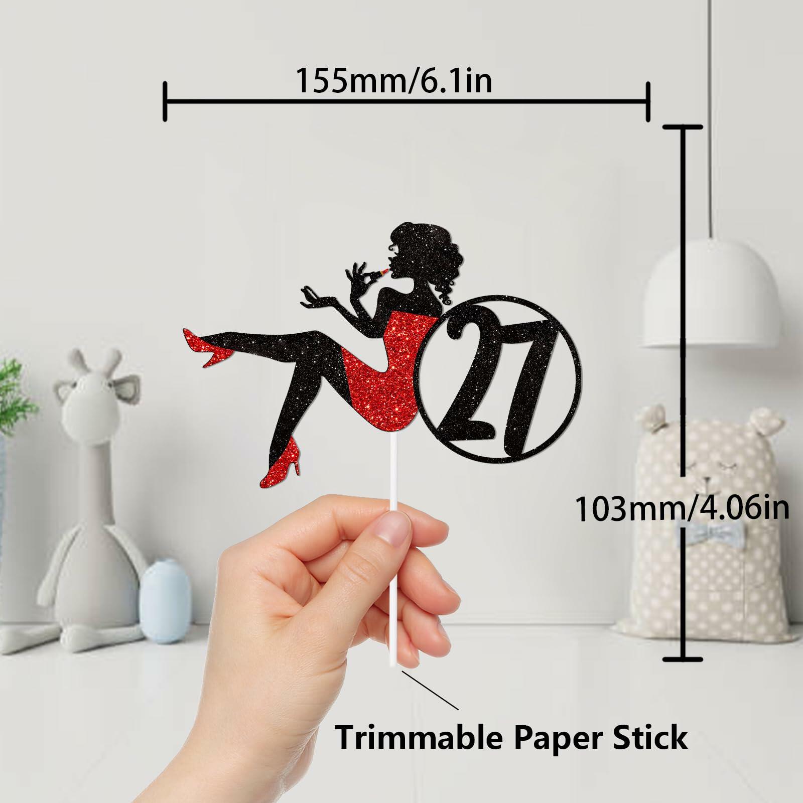 HEYUWING Red Silhouette Glitter Lipstick 33 Girl Cake Topper Picks Paper