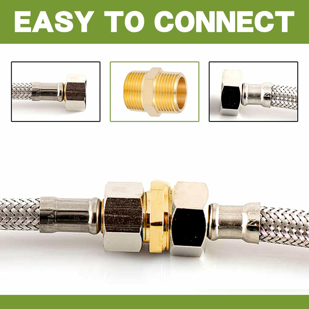 FullMayPro 2pcs Brass Hex Nipple 1/2” NPT Male Adapter with Teflon Tape