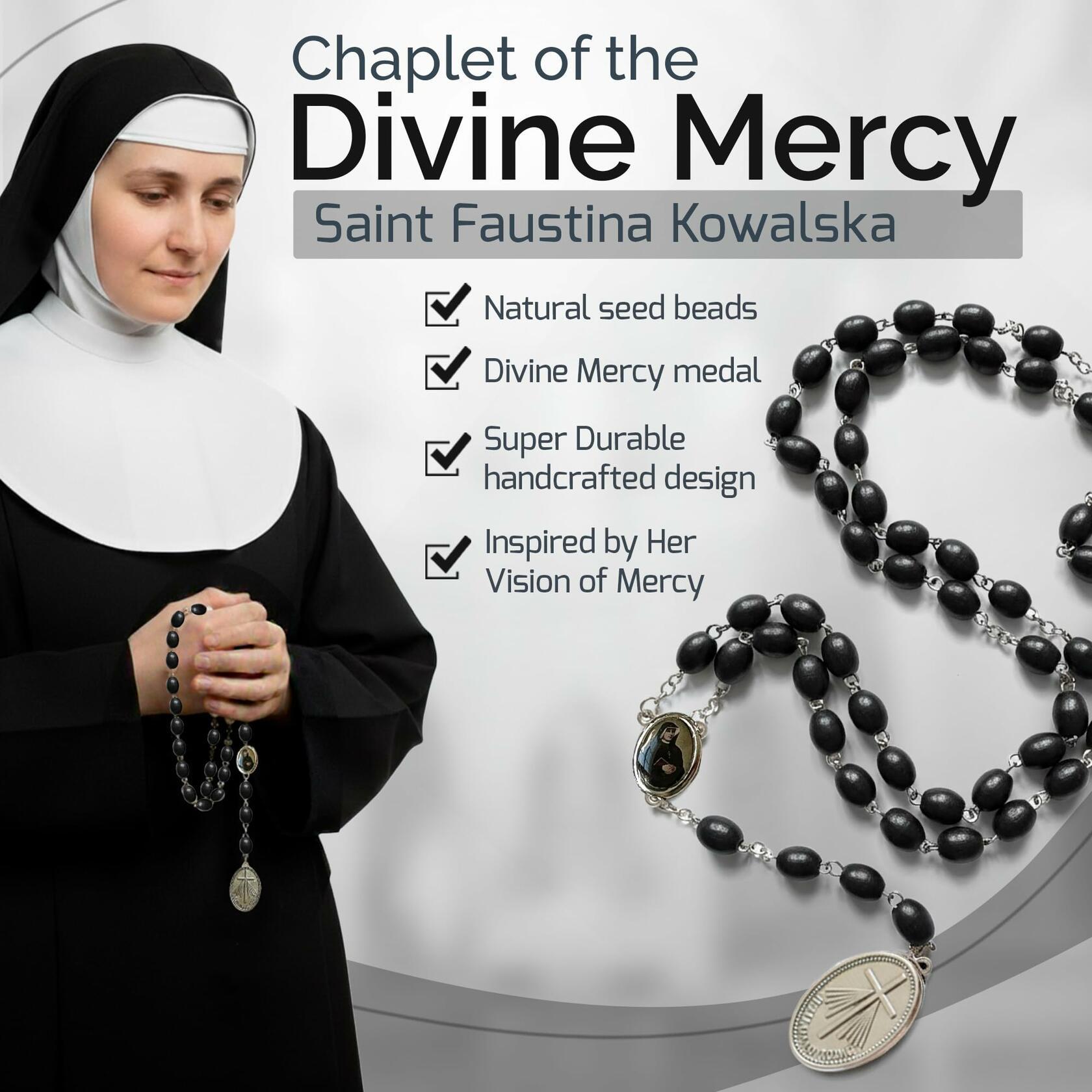St Faustina Relic Chaplet Divine Mercy Rosary Black w/ Miraculous Medal
