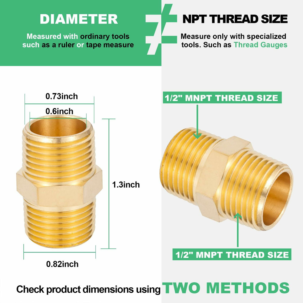FullMayPro 2pcs Brass Hex Nipple 1/2” NPT Male Adapter with Teflon Tape
