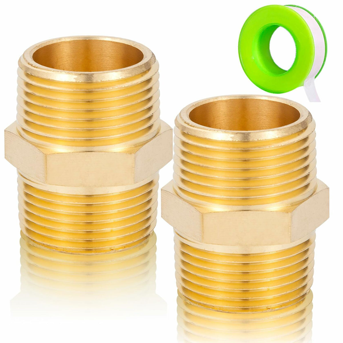 FullMayPro 2pcs Brass Hex Nipple 1/2” NPT Male Adapter with Teflon Tape