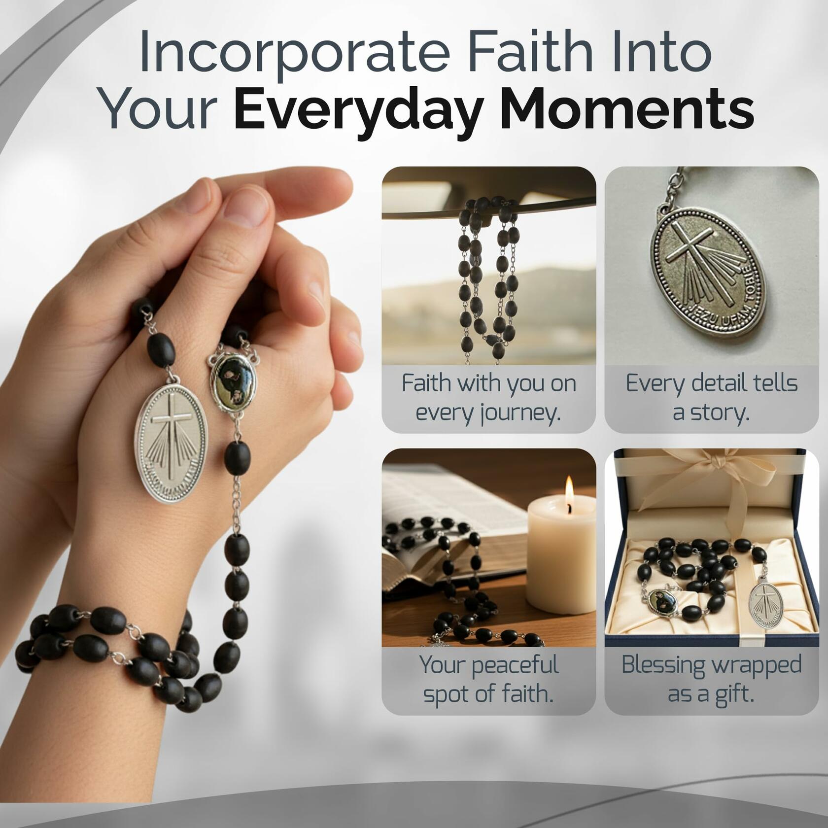St Faustina Relic Chaplet Divine Mercy Rosary Black w/ Miraculous Medal