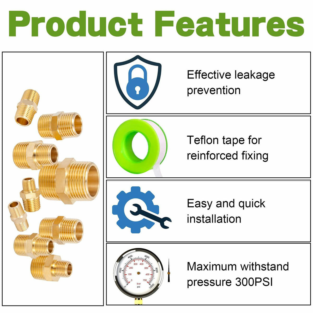 FullMayPro 2pcs Brass Hex Nipple 1/2” NPT Male Adapter with Teflon Tape