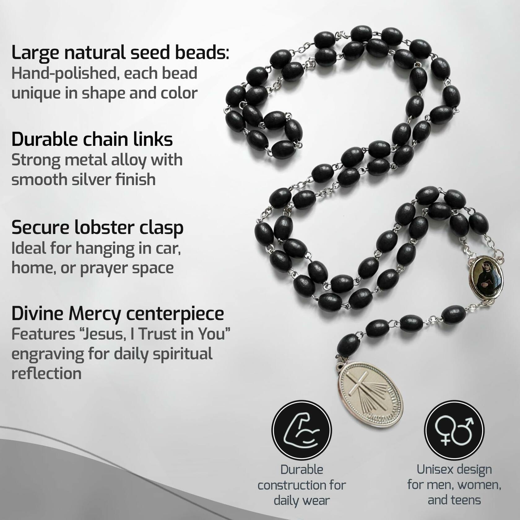 St Faustina Relic Chaplet Divine Mercy Rosary Black w/ Miraculous Medal