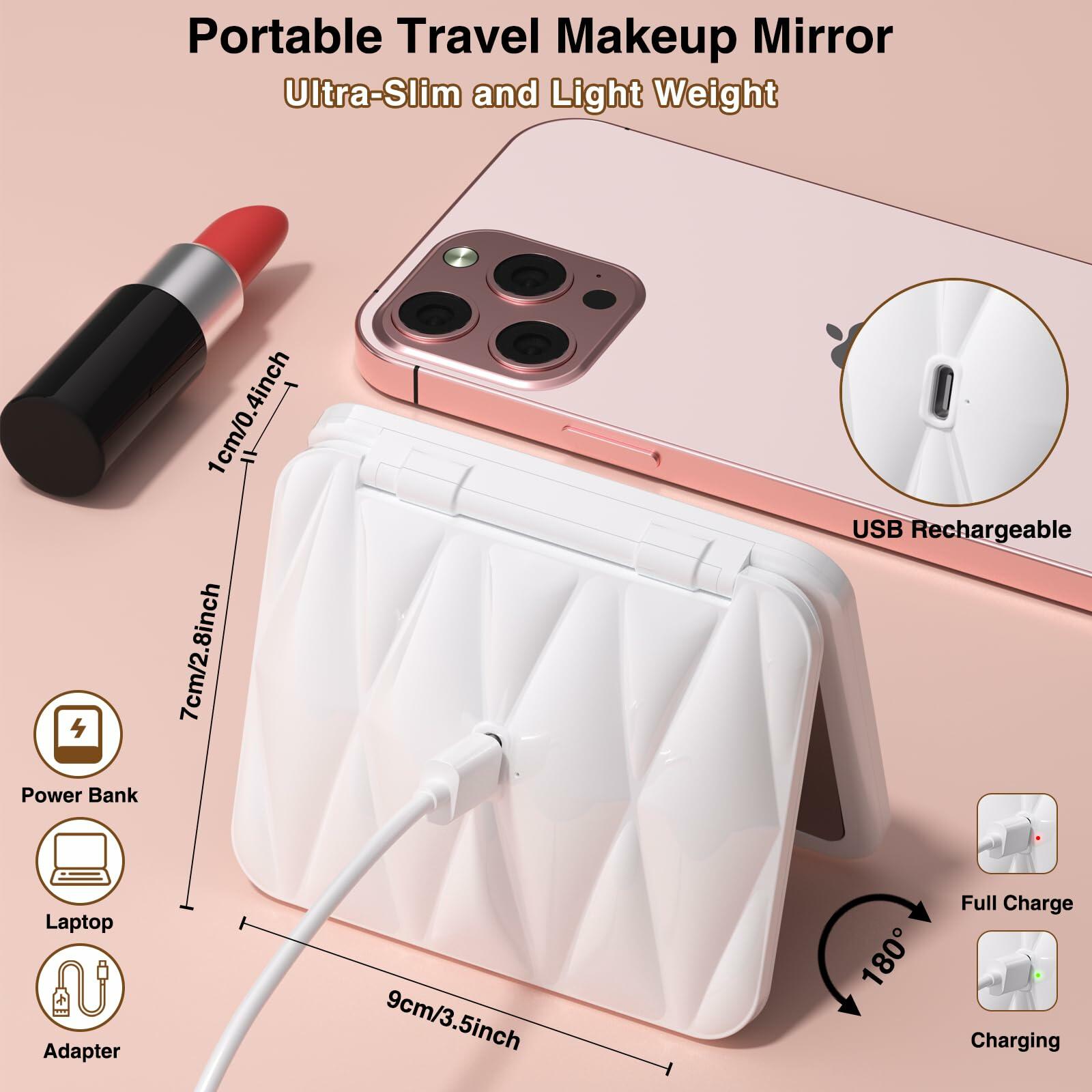 Rechargeable LED Travel Mirror 2-Sided Compact 1X/5X Magnification Purse