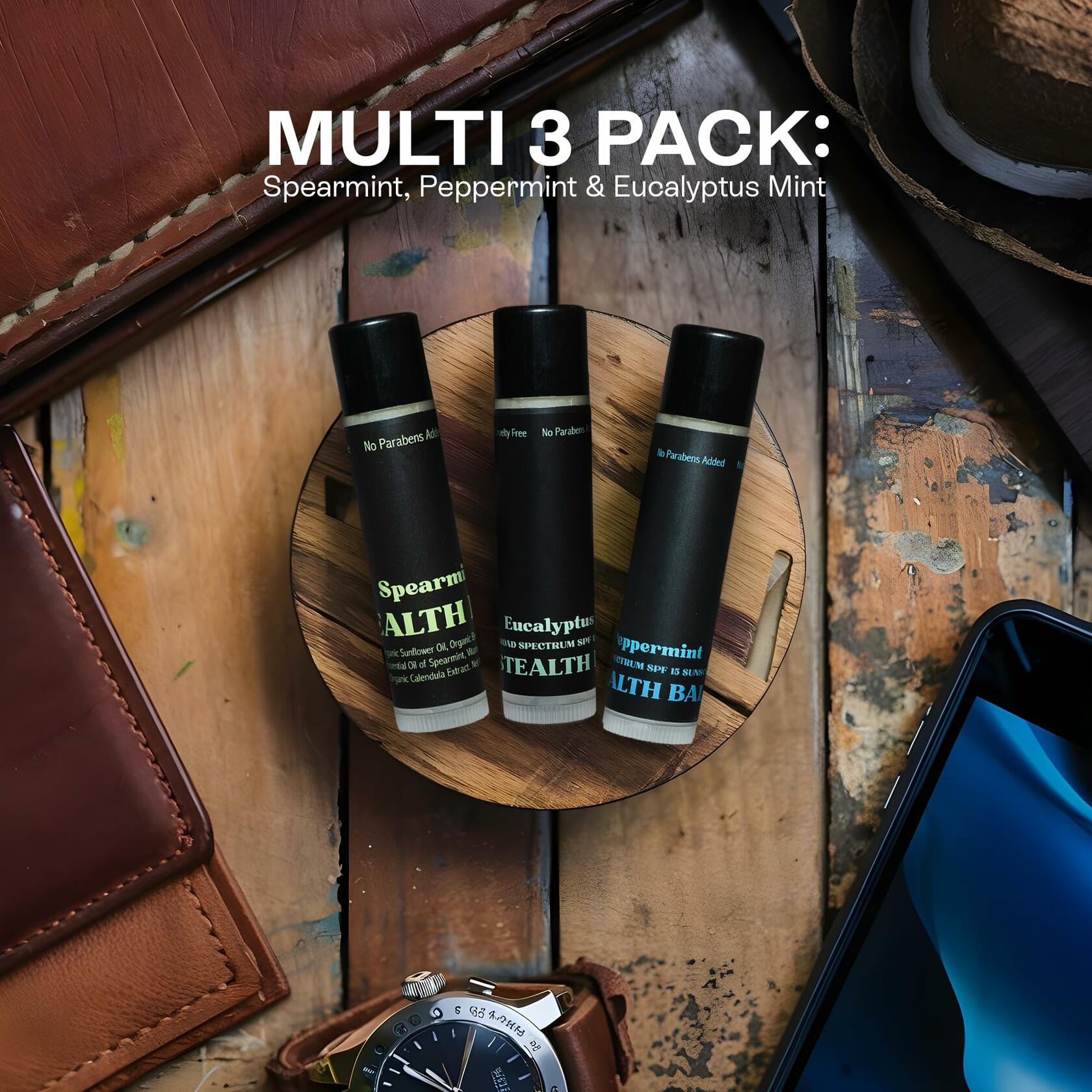 Stealth Balms Men's Organic Mint Lip Balm SPF 15 3 Pack Spearmint Peppermint