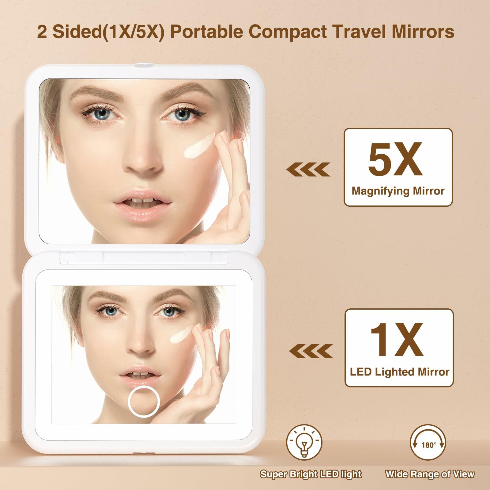 Rechargeable LED Travel Mirror 2-Sided Compact 1X/5X Magnification Purse