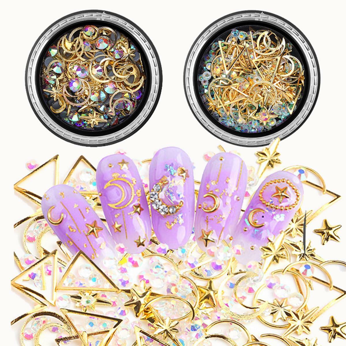 COOSLIM Gold Nail Charms Rhinestones Moon Star Pearls 3D Nail Art 2 Boxes