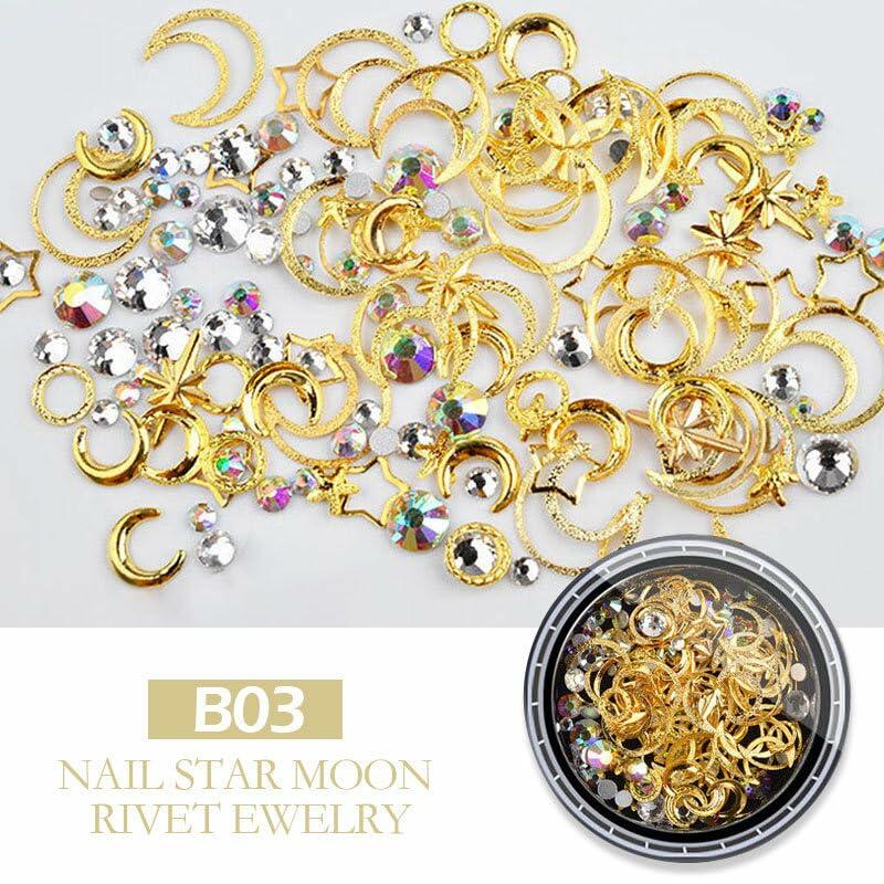 COOSLIM Gold Nail Charms Rhinestones Moon Star Pearls 3D Nail Art 2 Boxes