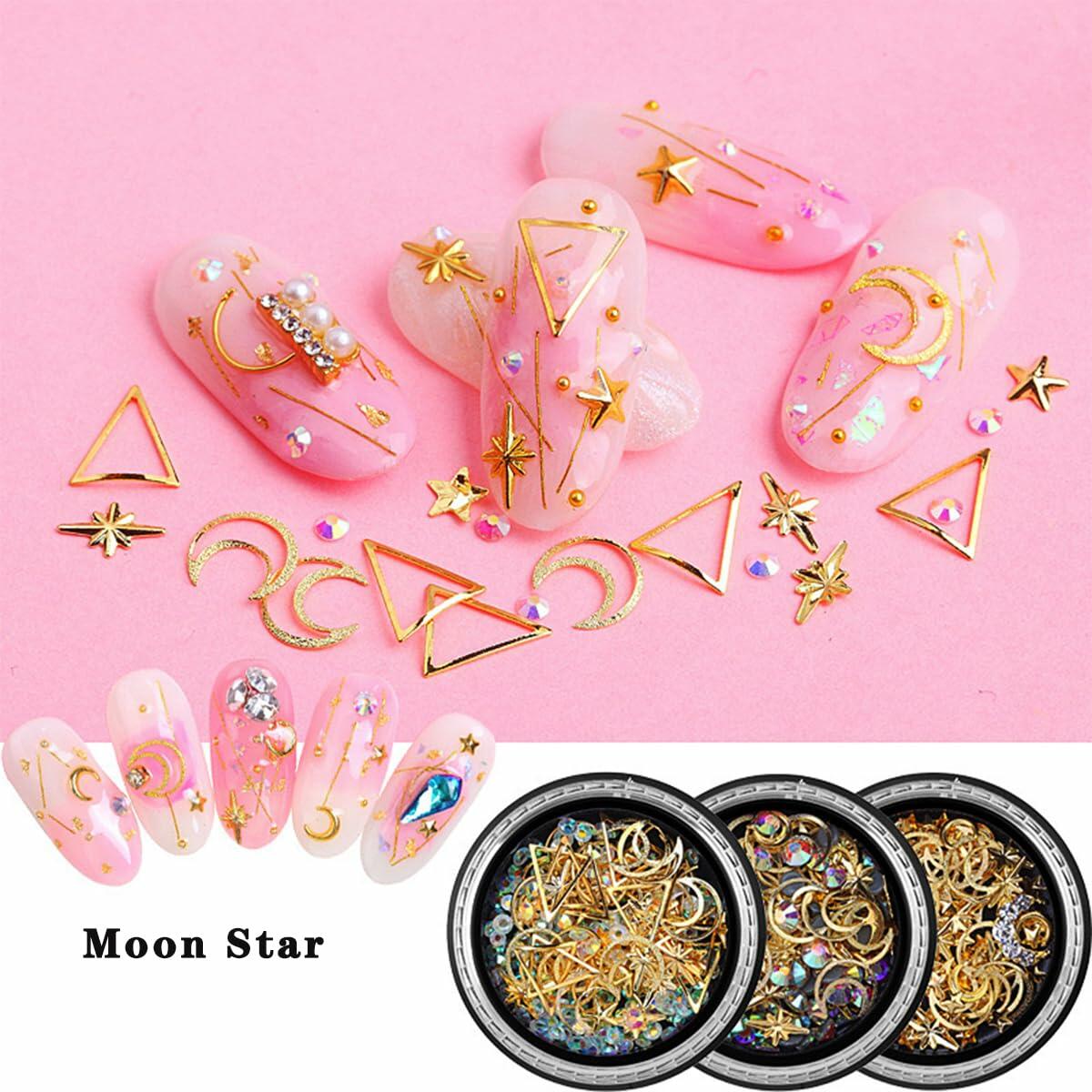COOSLIM Gold Nail Charms Rhinestones Moon Star Pearls 3D Nail Art 2 Boxes