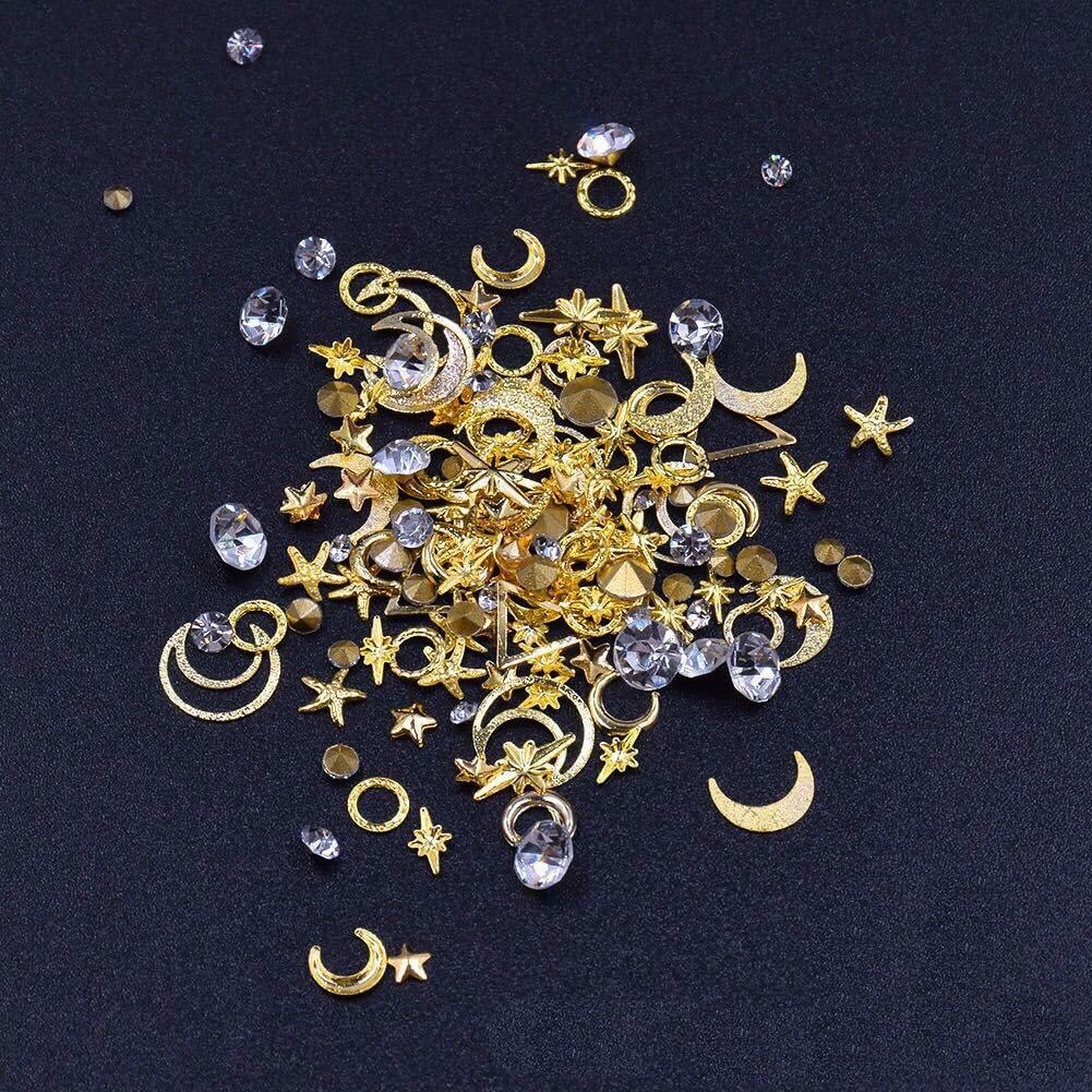 COOSLIM Gold Nail Charms Rhinestones Moon Star Pearls 3D Nail Art 2 Boxes