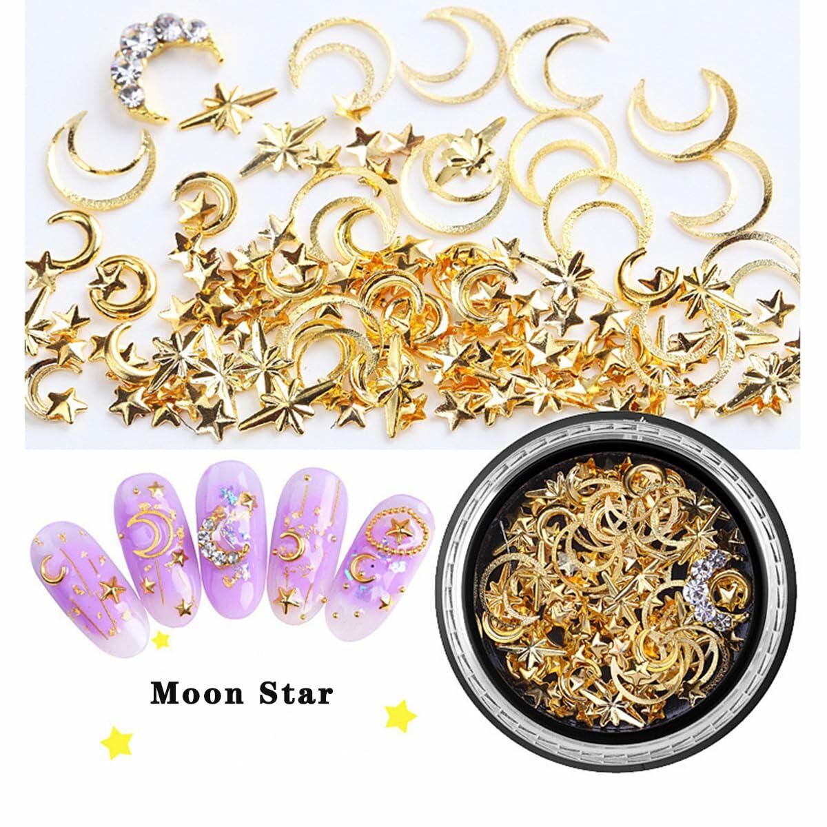 COOSLIM Gold Nail Charms Rhinestones Moon Star Pearls 3D Nail Art 2 Boxes