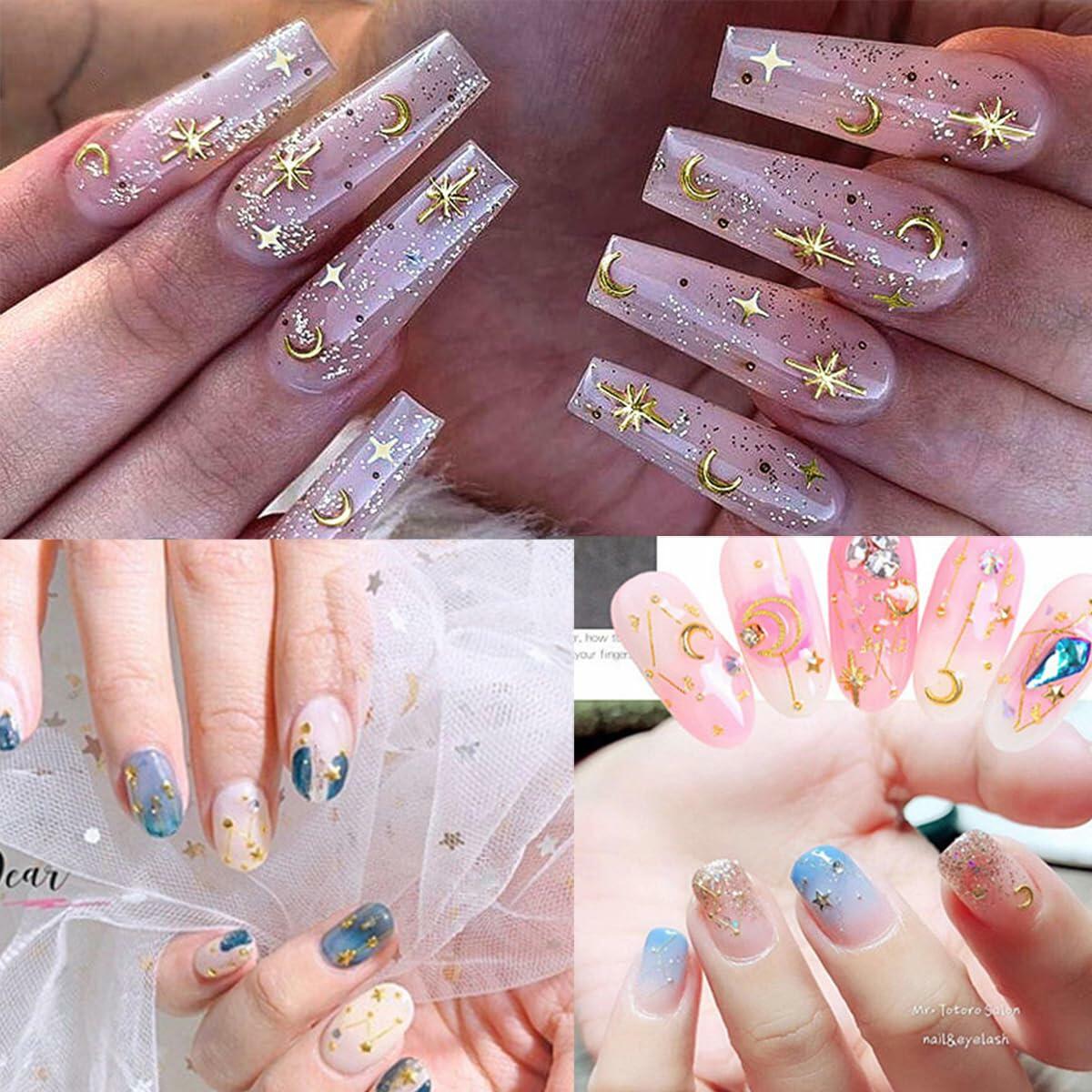 COOSLIM Gold Nail Charms Rhinestones Moon Star Pearls 3D Nail Art 2 Boxes