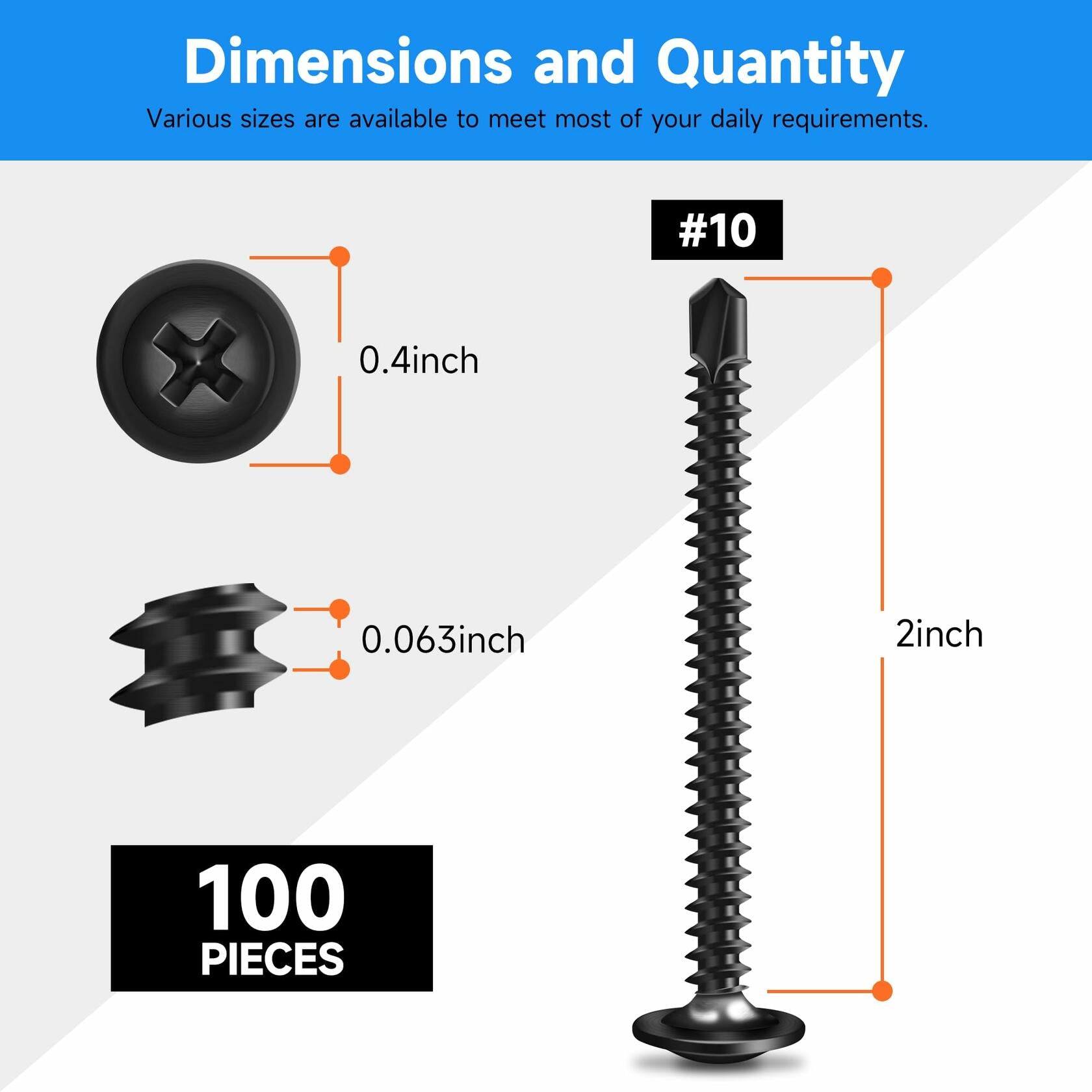 Marysino #10 x 2 Self Tapping Screws 100PCS Black 410 Stainless Truss Head