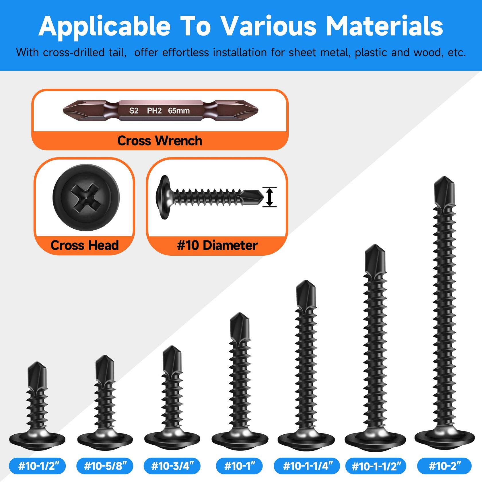 Marysino #10 x 2 Self Tapping Screws 100PCS Black 410 Stainless Truss Head