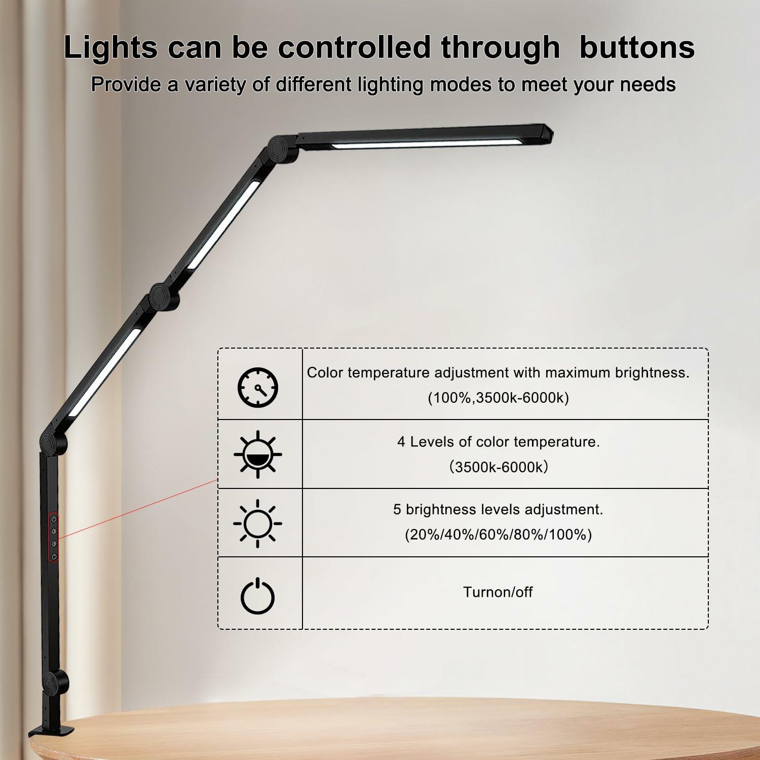 vimeepro LED Desk Lamp Clamp Flexible Arm 3 Light Sources 4 Color Modes Black