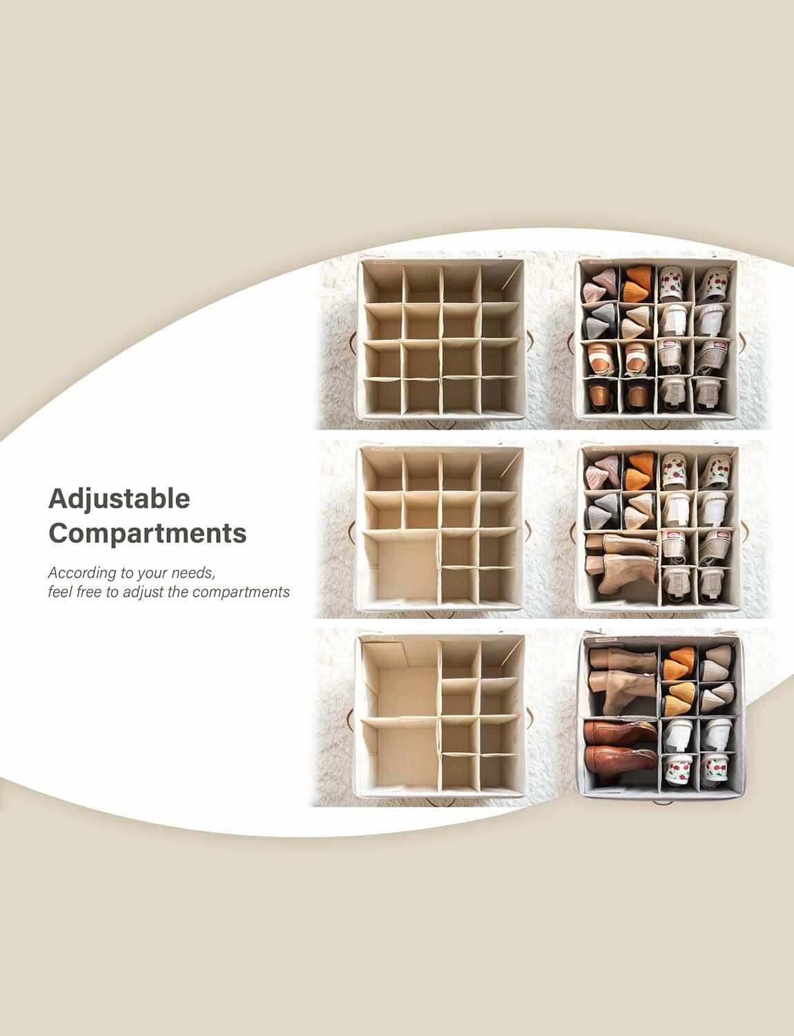 StorageWorks Shoe Organizer Closet 16 Pairs Adjustable Dividers Clear Lid Beige
