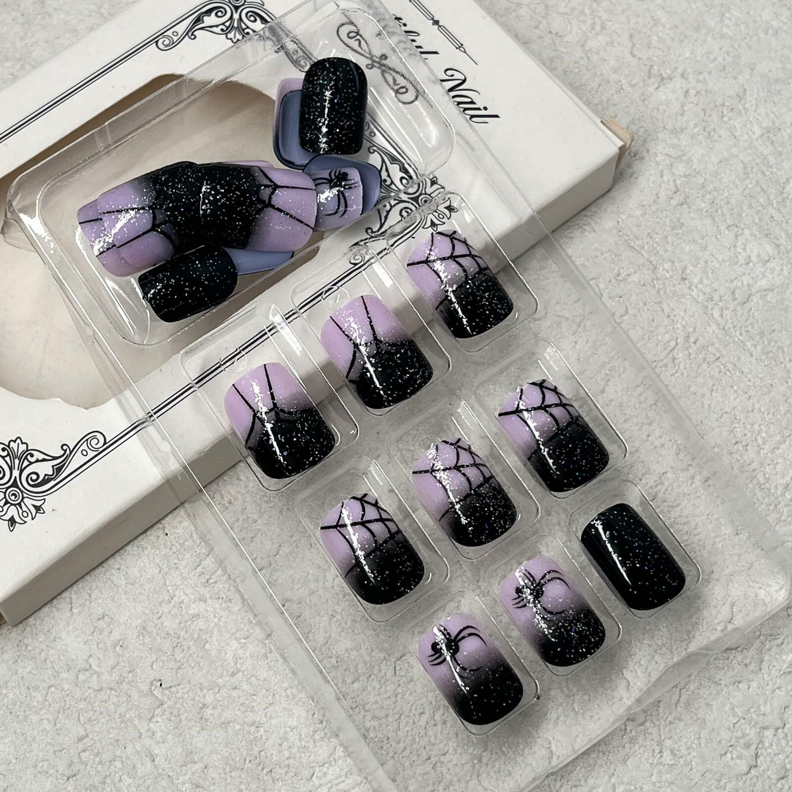 Jremg Halloween Press On Nails Short Square Black Purple Gradient 24Pcs