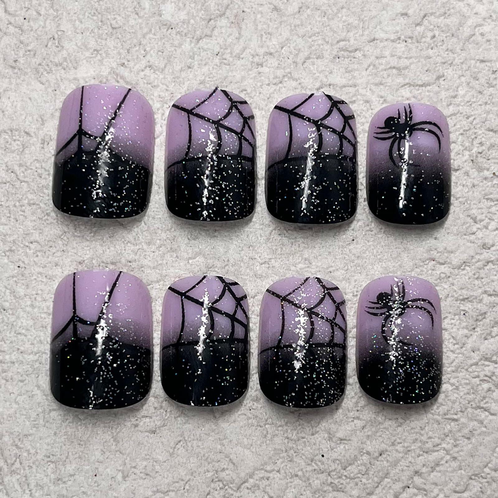 Jremg Halloween Press On Nails Short Square Black Purple Gradient 24Pcs