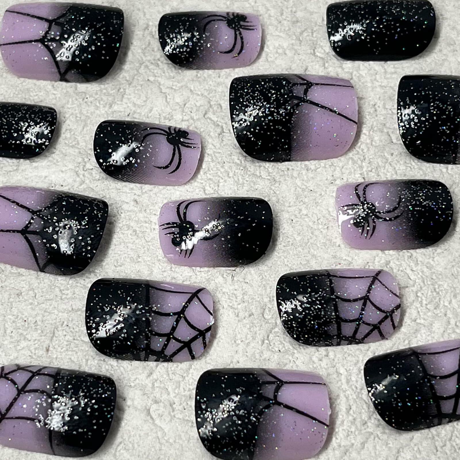 Jremg Halloween Press On Nails Short Square Black Purple Gradient 24Pcs