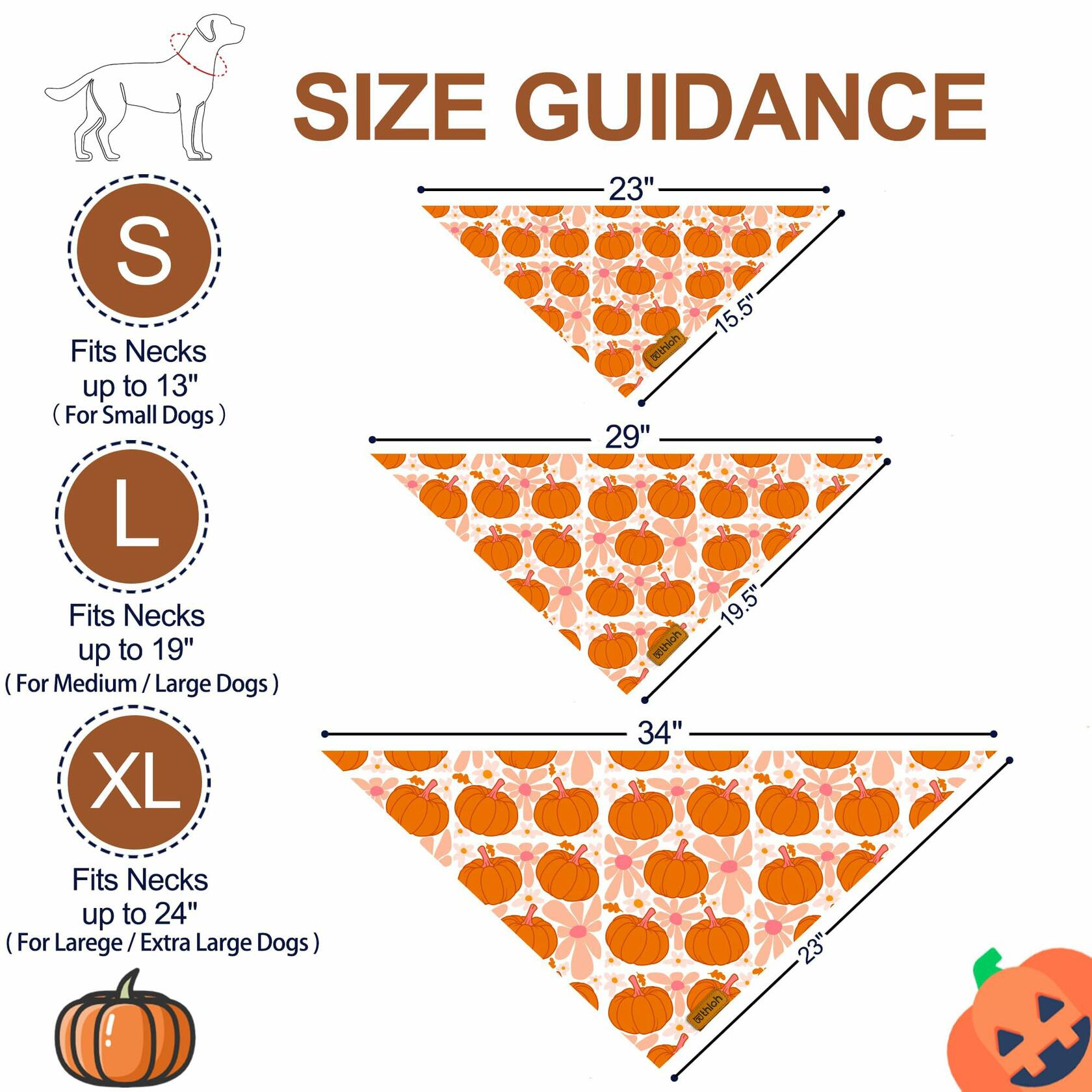 THLOH Fall Dog Bandanas 2 Pack Reversible Pumpkin Leaf Orange Large