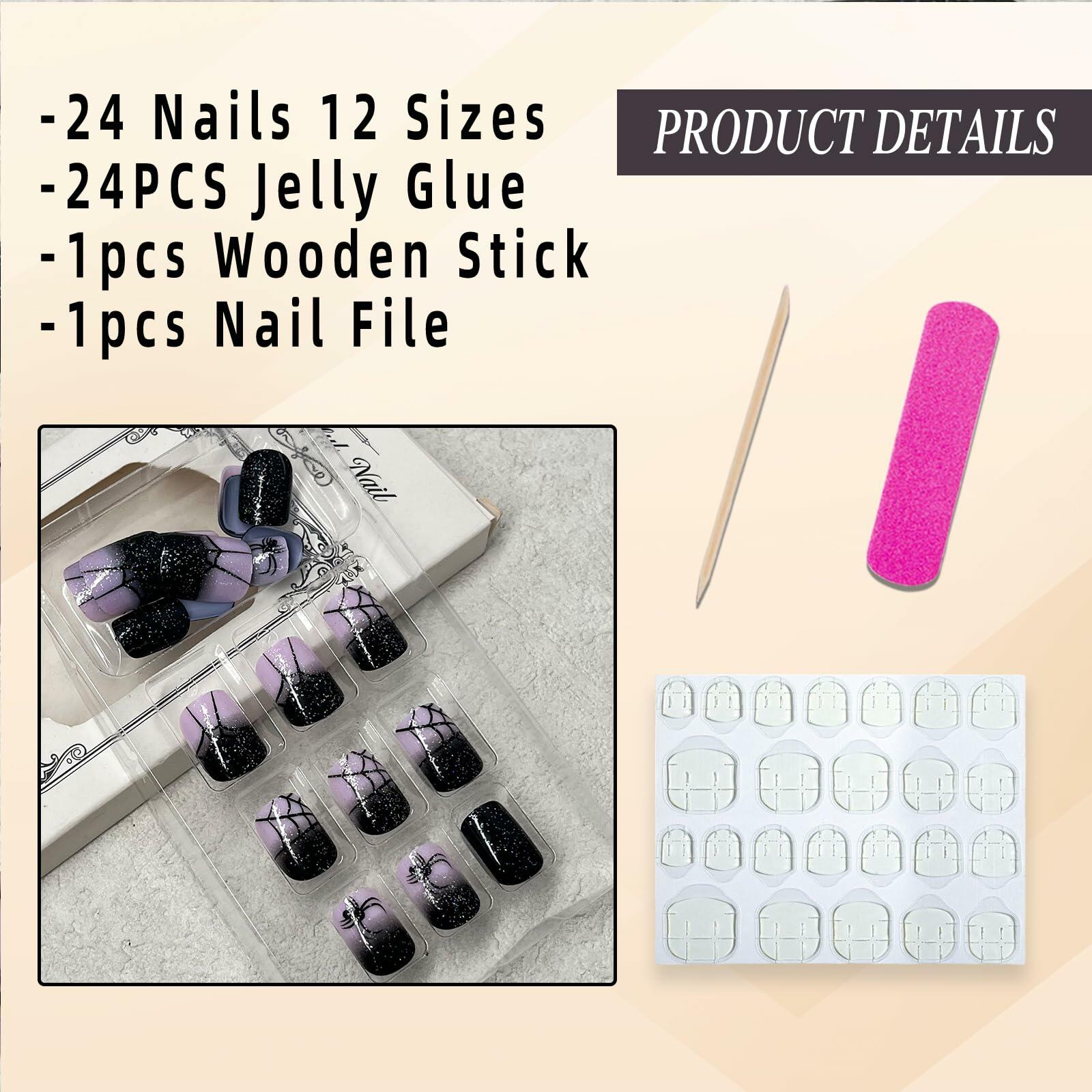 Jremg Halloween Press On Nails Short Square Black Purple Gradient 24Pcs