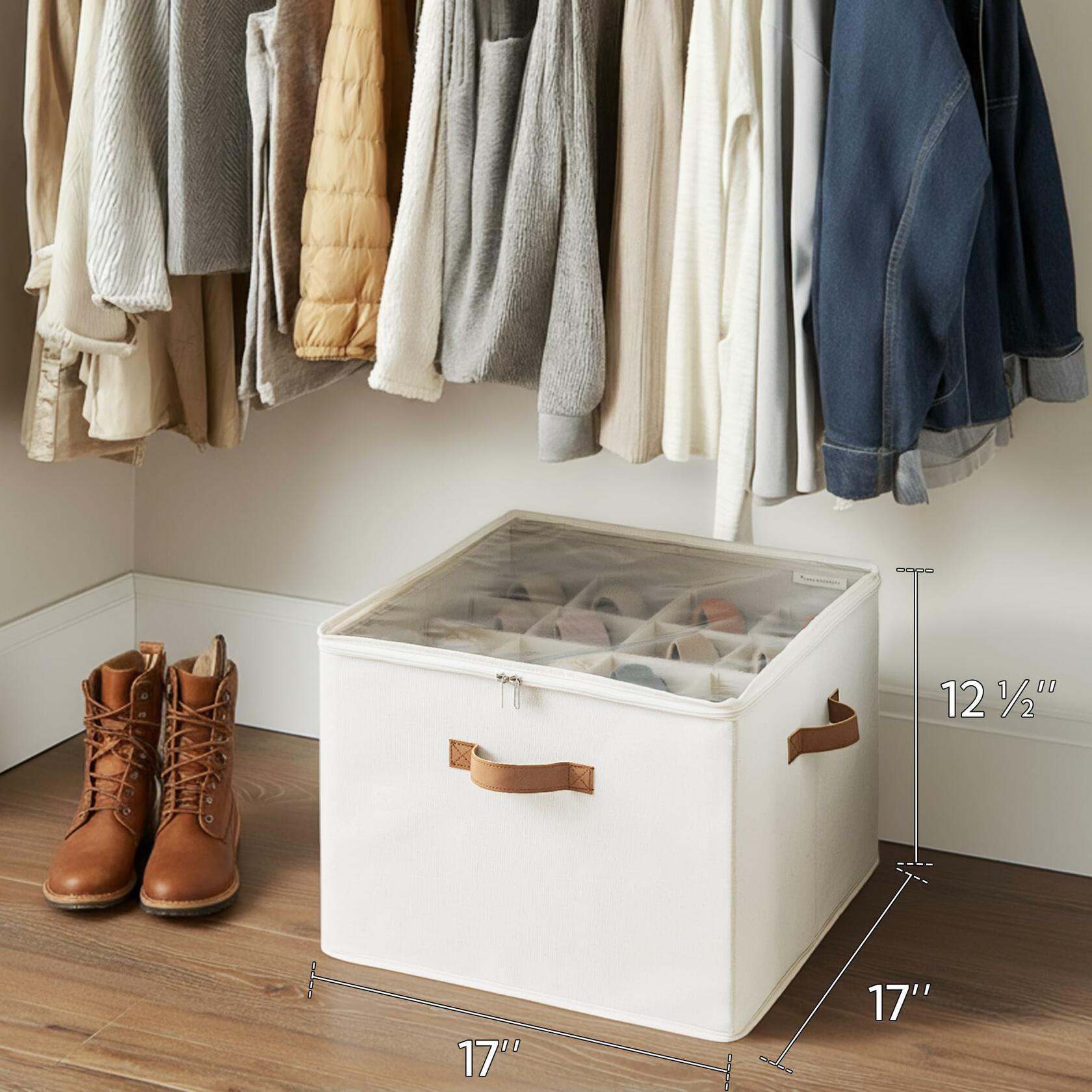 StorageWorks Shoe Organizer Closet 16 Pairs Adjustable Dividers Clear Lid Beige