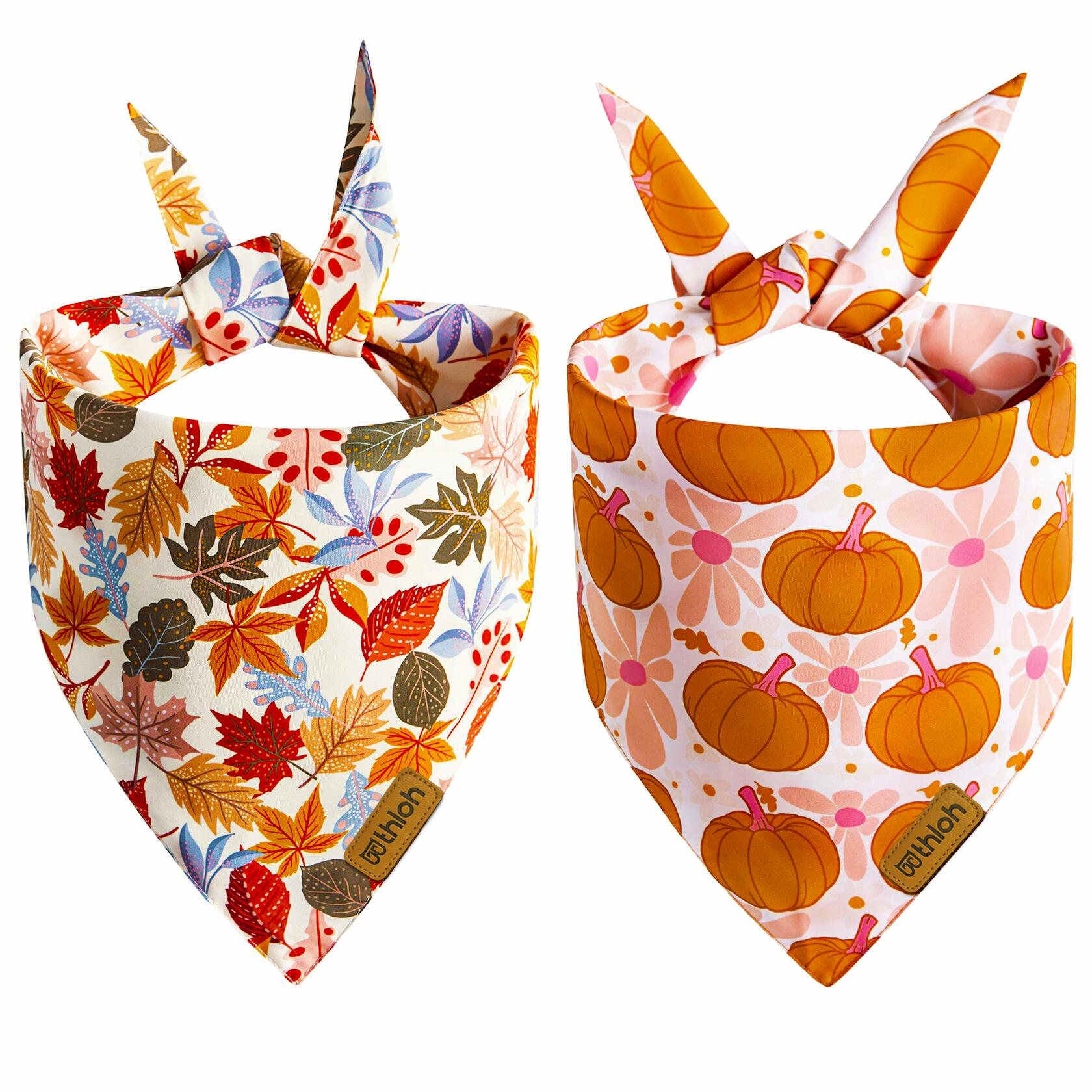 THLOH Fall Dog Bandanas 2 Pack Reversible Pumpkin Leaf Orange Large