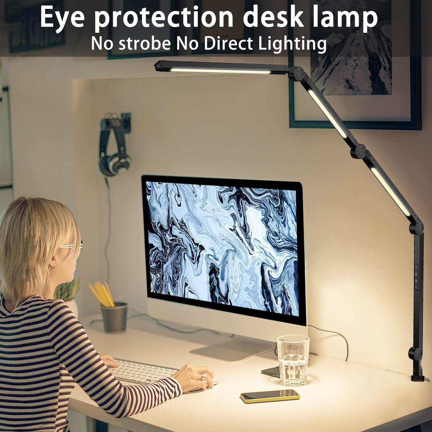 vimeepro LED Desk Lamp Clamp Flexible Arm 3 Light Sources 4 Color Modes Black