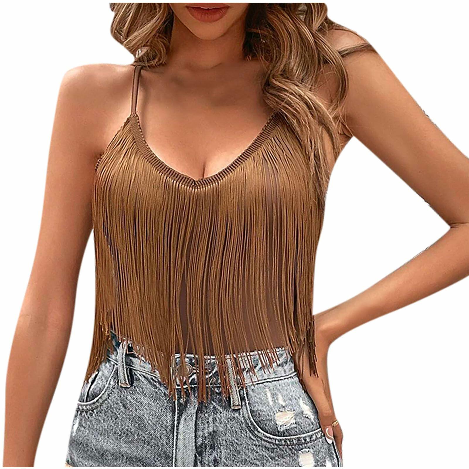 Generic Western Cowgirl Fringe Tassel Hem Boho Camisole Coffee Size M