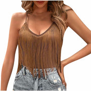 Generic Western Cowgirl Fringe Tassel Hem Boho Camisole Coffee Size M