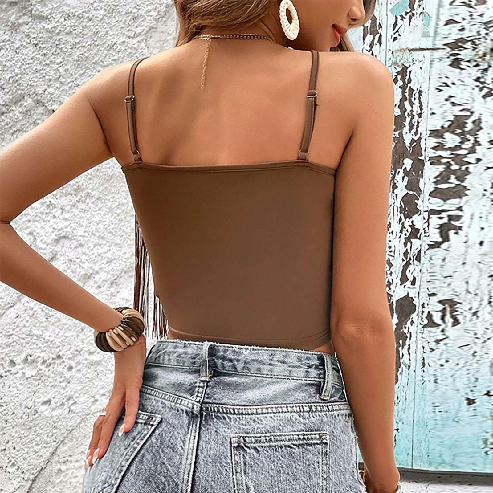 Generic Western Cowgirl Fringe Tassel Hem Boho Camisole Coffee Size M