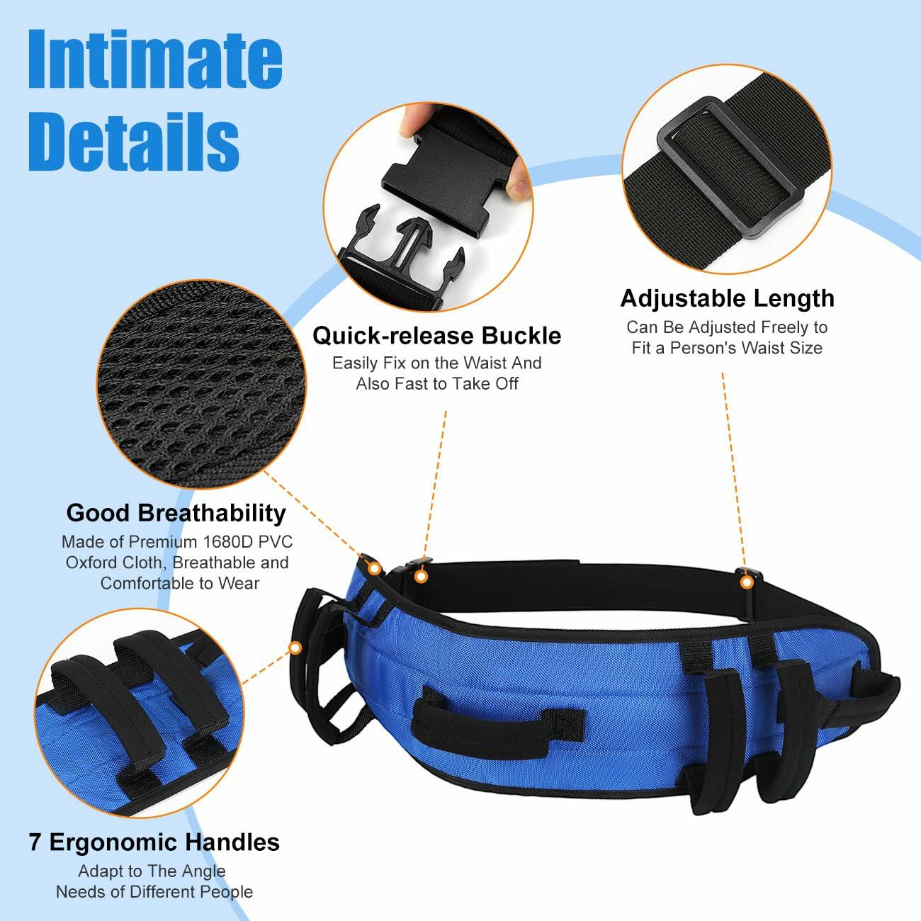 Rhino Valley Gait Belt 7 Handles 59" Anti-Slip Quick Release Blue Black